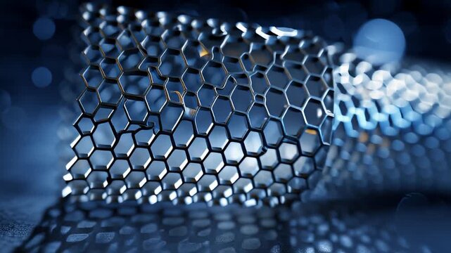 A close-up view of carbon nanotubes with a honeycomb structure in a dark blue environment