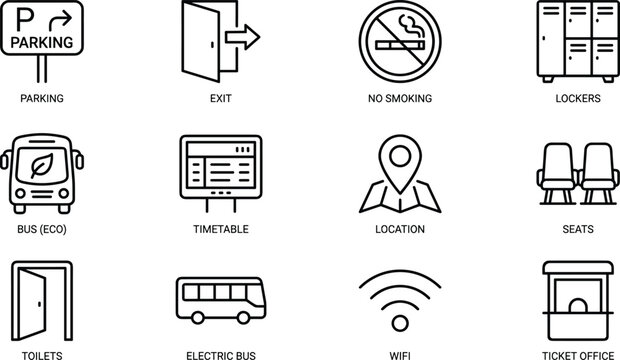 Public transport station icon set, parking exit no smoking lockers bus timetable location seats toilets wifi ticket office signage