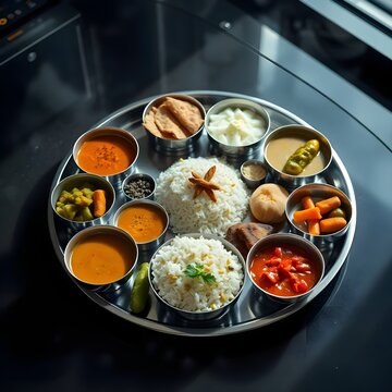 "Traditional South Indian vegetarian thali meal on a metal platter"

