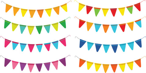 Set of colorful bunting flags and party garlands for birthday celebration event decoration carnival festival and anniversary isolated on white background © Rakib 