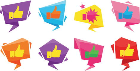 Set of Colorful Origami Speech Bubbles with Thumbs Up Icons for Social Media Marketing Feedback Customer Satisfaction Rating and Business Approval