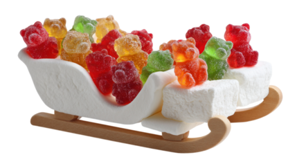 Festive christmas concept with marshmallow sled and gummy bears isolated transparent png