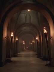 Obraz premium Medieval Corridor Lit by Torches With Empty Space Creating a Sense of Mystery and Anticipation in a Historical Setting