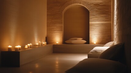 A serene meditation room with dim lighting and aromatic candles.