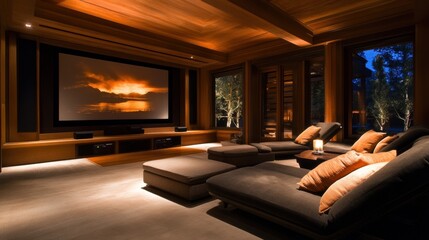 A lavish home theater room with reclining chairs and a massive screen.