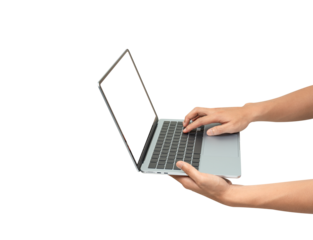 A person's hands holding and using a modern, thin silver laptop with a blank white screen (mockup). Isolated on a white background, emphasizing technology, online work, digital communication, and port