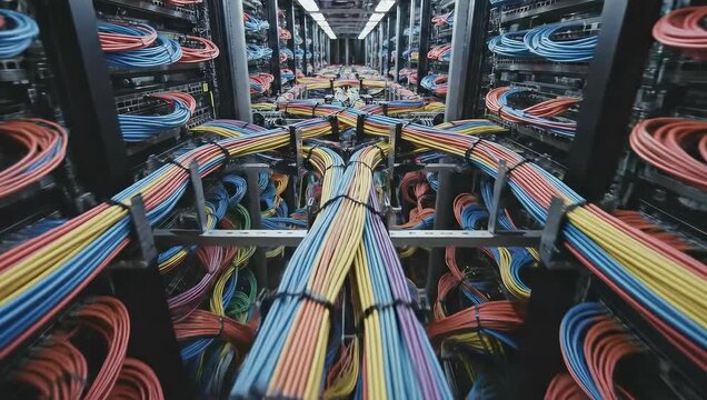 Data center server racks with network cables illuminated perspective