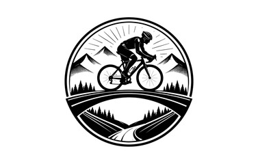 Cyclist riding mountain path: monochrome scenic landscape design