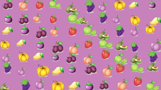 Pattern of cartoon fruits on a light purple background perfect for childrens stationery, packaging, wallpaper, and fabric design projects.