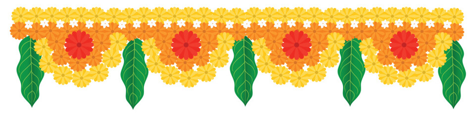 Traditional Indian floral garland with marigold flowers and mango leaves. Decoration for Indian hindu holidays or wedding. Isolated on white. Vector illustration. © Icon_X
