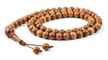 Brown wooden prayer beads (tasbih) with natural grain, imam bead, and tassels, isolated on a white background for spiritual meditation.