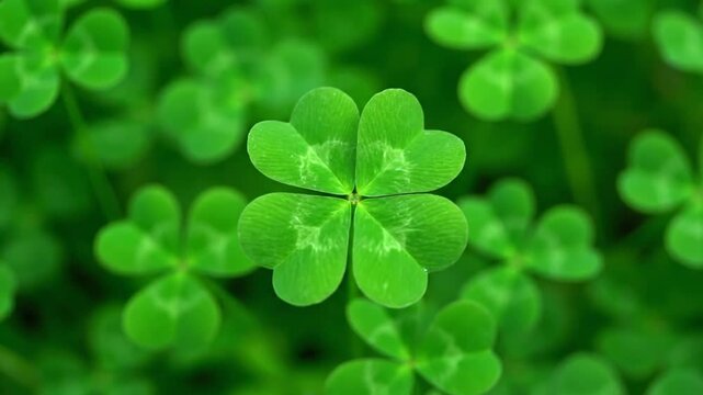 Close up of four leaf clover amidst green foliage sunlight background