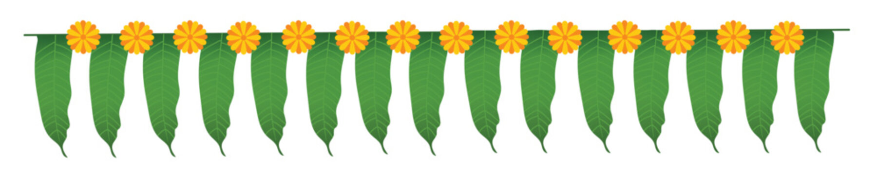 Yellow orange marigold flowers border. Indian traditional floral festive garland toran. Zendu flowers isolated on background Party decor for Halloween, Dia de los Muertos holiday. Vector illustration