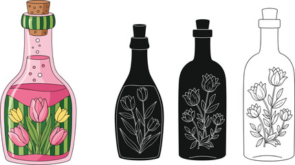 Vector set of magic potion bottles with tulip flower designs including colorful liquid fantasy flask black silhouettes and line art icons