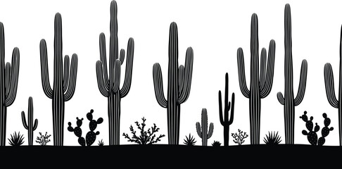 Obraz premium Desert cactus silhouette, black vector plants, arid landscape illustration, prickly pear and saguaro, dry terrain flora, nature desert art