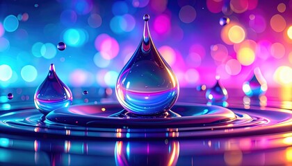 Ultra-realistic macro water droplet on glossy surface with neon gradient bokeh background.