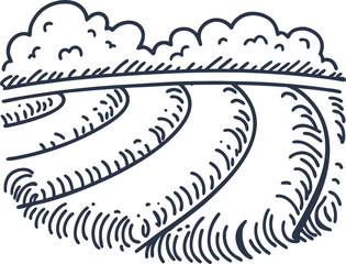 Curved farmland with furrows and bushes, agricultural landscape sketch in black and white