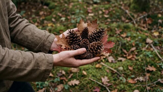 A person delicately cradles a collection of pine cones and leaves in their hands, offering a captivating tableau of nature's treasures.