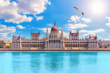 Budapest Parliament main view from the Danube River, iconic Landmark of Hungary