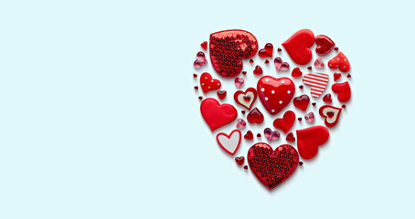 Red Heart Shapes on Light Blue Background: Love and Valentine's Day Concept. banner