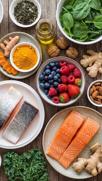 A healthy and delicious array of fresh ingredients, including vibrant salmon, assorted berries, and essential herbs. This visual treat embodies wholesome eating, vitality, and the art of cooking.