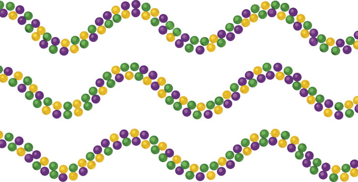 Colorful wavy bead garland vector pattern featuring purple, green, and gold decorative elements for festive celebration designs.