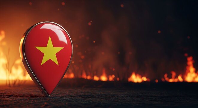 Vietnam flag pin on fire background with flames