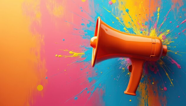 Orange megaphone on vibrant paint splash background. Used for announcements promotion and loud messages. Effective communication tool for campaigns and public notice.