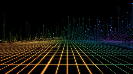 Digital Data Visualization: A mesmerizing digital landscape unfolds, a vibrant display of data streams and network connections against a deep black backdrop.