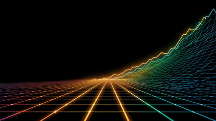Financial Graph with Glowing Lines: A dynamic financial graph depicts upward growth using vibrant, glowing lines against a stark black backdrop, creating a compelling visual of market expansion.