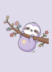 Fototapeta premium Cute cartoon sloth sleeping on a blooming tree branch with colorful flowers, adorable animal illustration for kids nursery and greeting cards