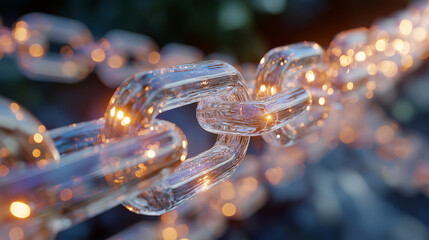 Shining Chains: A macro shot highlights a transparent chain links glistening with light, symbolizing the interconnectedness of digital networks.