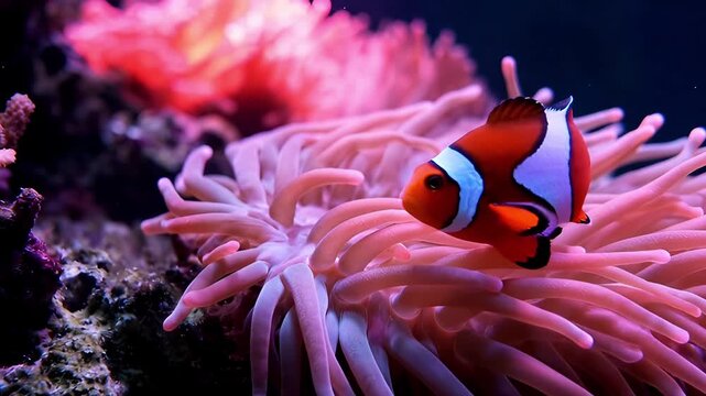 Colorful clownfish swimming among vibrant sea anemone in tropical coral reef underwater marine ecosystem
