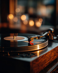 Vintage Tunes: A close-up shot of a turntable playing a vinyl record, capturing the nostalgia of analog music with warm lighting.