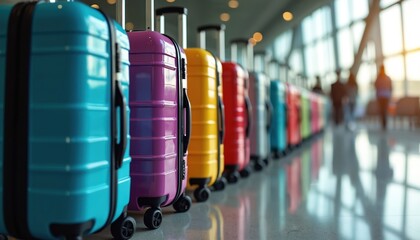 Bright suitcases stand in row at airport. Colorful baggage is ready for transportation. Passengers wait near departure area for their travel. Safe flight concept in terminal interior during journey.