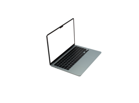 A modern silver laptop (notebook computer) standing front-on with a completely blank white screen (mockup) ready for custom text or image content. Perfectly isolated on a pure white background, ideal - Powered by Adobe