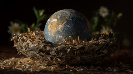 Earth in the Nest: A delicate and poignant visual of our planet cradled gently within a bird's nest. A symbol of fragile beauty and a call to protect our home.