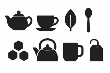 Silhouette vector icons of tea set including teapots, cups, and accessories