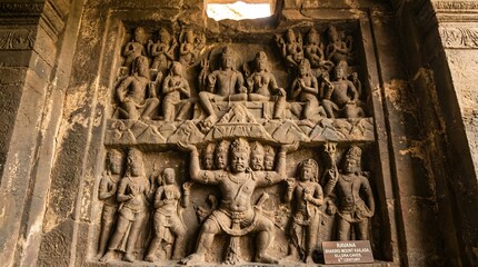 Ancient stone carving of Ravana at Ellora Caves in India