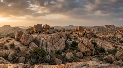 Boulders on rocky hillside at sunset with cloudy sky