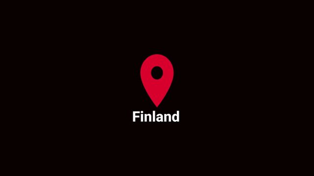 Abstract Finland map location pin animation. Country location pin pointer icon animated on black background, GPS location tracking animation. 4K video	