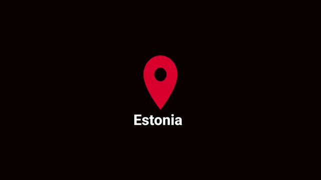 Abstract Estonia map location pin animation. Country location pin pointer icon animated on black background, GPS location tracking animation. 4K video	