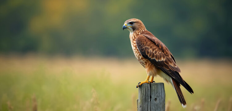 Red tailed hawk bird sits on wood fence post in nature. Wildlife predator bird of prey waits and watches in blurred green background. Sunny day.
