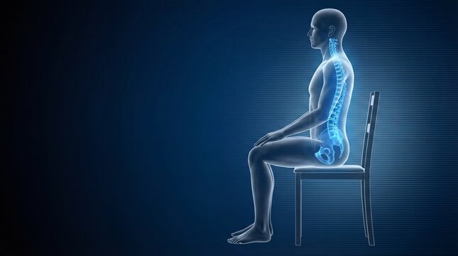 side view of human body sitting on chair with highlighted spine. 3d illustration of correct posture and ergonomics. anatomy and healthcare concept. medical banner with copy space.