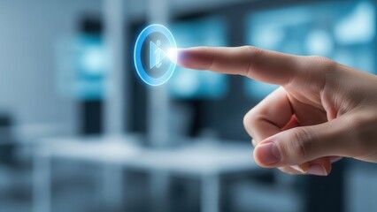 Index finger reaching to press virtual icon for user interface demonstration