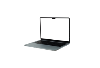 A modern silver laptop (notebook computer) standing front-on with a completely blank white screen (mockup) ready for custom text or image content. Perfectly isolated on a pure white background, ideal
