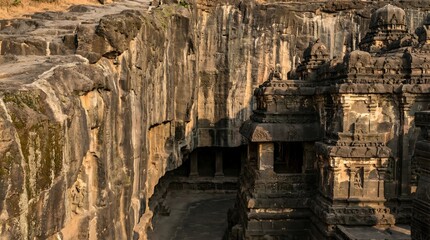 Majestic ancient temple carved into rugged cliff face at sunset, exuding history and mystery