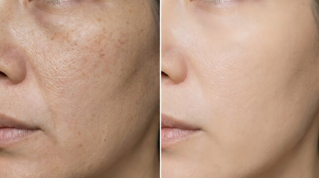 Before and after skin care transformation,showing improved facial texture,reduced pores,even skin tone,perfect for dermatology,cosmetics,anti-aging or beauty treatment advertising