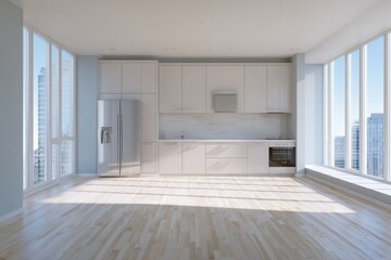 Obraz premium Contemporary apartment kitchen features modern light cabinetry and stainless steel appliances with expansive city views
