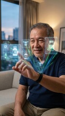 E-commerce and Senior Care Senior man interacts with virtual interface in a modern living space.